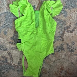 Kids Neon Green Dance Costume with Ruffle Sleeves